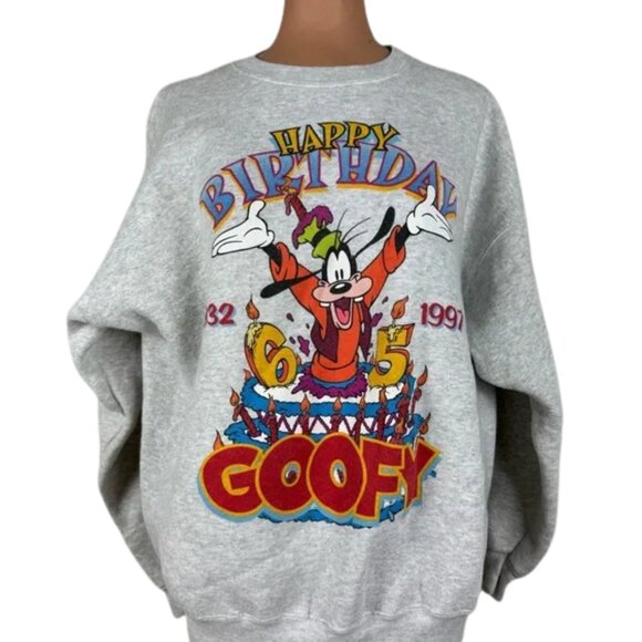 Disney Gray Crewneck Sweater with Goofy 65th Birthday Graphic - Picture 1 of 8
